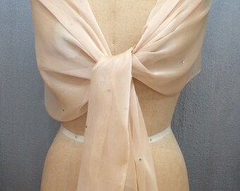 Champagne Chiffon Shawl, Scarf, Wrap with Rhinestones