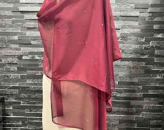 Burgundy Chiffon Shawl Wrap Scarf with Rhinestones