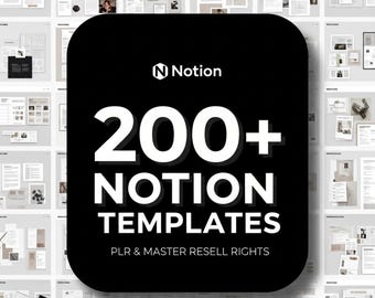 May include: A black graphic with the Notion logo and the text "200+ Notion Templates" in white. The text "PLR & Master Resell Rights" is below. The background shows various digital document layouts in neutral tones.