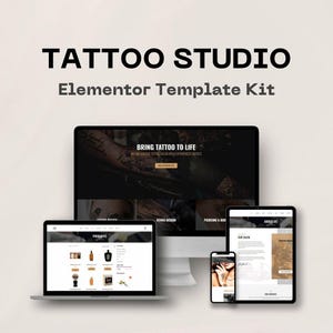 Può includere: Mockup digitale di un sito web di studio di tatuaggi, visualizzato su un computer desktop, un laptop, un tablet e uno smartphone. Il sito web presenta il testo "TATTOO STUDIO Elementor Template Kit" e mostra varie pagine di prodotti e servizi.