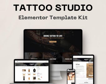May include: A digital mockup of a tattoo studio website design, displayed on a desktop computer, laptop, tablet, and smartphone. The website features the text "TATTOO STUDIO Elementor Template Kit" and displays various product and service pages.