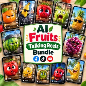 May include: A digital graphic featuring the text AI Fruits Talking Reels Bundle with Facebook, TikTok, and YouTube icons. Surrounding the central text are twelve smartphone screens displaying animated fruit characters with various facial expressions.