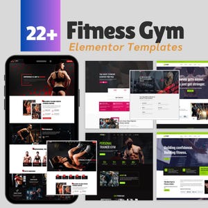 May include: A smartphone displays multiple fitness gym website templates. The templates feature images of people working out, with text such as "Fitness Gym" and "Elementor Templates." The design includes a dark color scheme with accents of red and green.