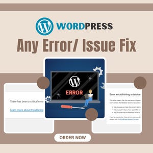 Peut inclure: Publicité pour la résolution des erreurs et des problèmes WordPress. L'image présente le logo WordPress, le texte "Any Error/ Issue Fix" et un écran d'ordinateur portable affichant un message d'erreur. Des zones de texte supplémentaires fournissent des informations de dépannage.