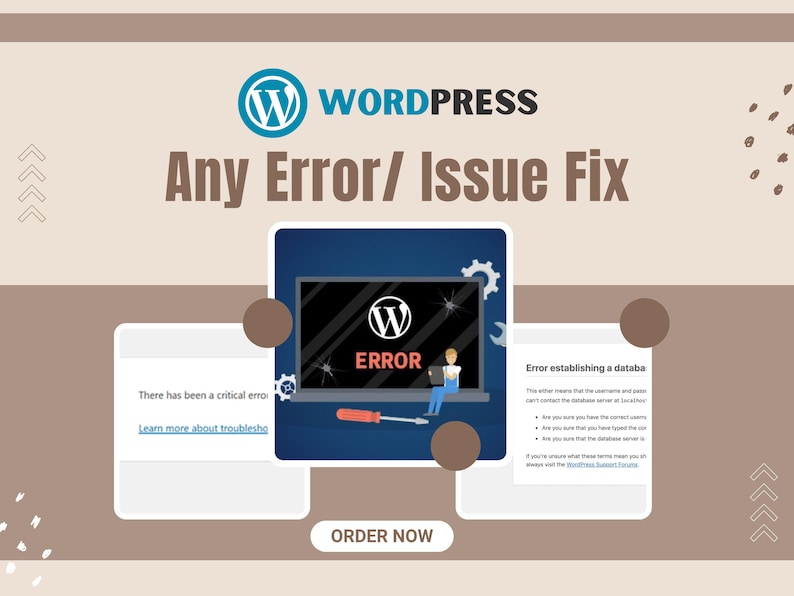 May include: An advertisement for WordPress error and issue fixes. The image features the WordPress logo, the text "Any Error/ Issue Fix", and a laptop screen displaying an error message. Additional text boxes provide troubleshooting information.