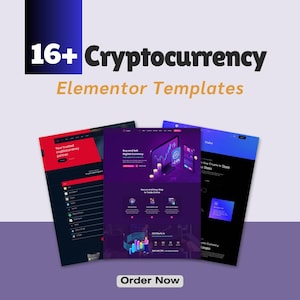 Könnte beinhalten: Werbebild für Cryptocurrency Elementor-Vorlagen. Das Bild zeigt drei Website-Mockups mit dunklen Hintergründen und farbenfrohen Grafiken. Der Text enthält "16+ Cryptocurrency Elementor Templates" und "Order Now."
