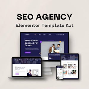 May include: A digital marketing template kit titled "SEO AGENCY Elementor Template Kit." The image displays a desktop computer, laptop, tablet, and smartphone, each showcasing website designs with the text "SEO Services Designed For Growth."