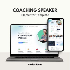 Puede incluir: Un portátil y un smartphone muestran una plantilla de sitio web. La pantalla del portátil muestra un sitio web con el texto "Modern Life Coach School Podcast". El smartphone muestra un sitio web con el texto "Health Coach Academy". El texto "COACHING SPEAKER" está en la parte superior.