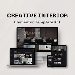 Puede incluir: Una exhibición digital de un kit de plantillas de sitios web, que muestra un tema de diseño de interiores moderno. La imagen presenta una computadora portátil, una computadora de escritorio, una tableta y un teléfono inteligente que muestran la interfaz del sitio web. El texto "CREATIVE INTERIOR Elementor Template Kit" se muestra en la parte superior.