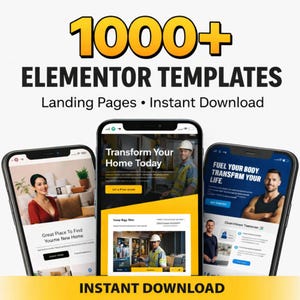 Peut inclure: Publicité pour des modèles Elementor. L'image présente trois smartphones affichant des pages de destination de sites web. Le texte indique "1000+ Modèles Elementor" et "Téléchargement instantané". Les téléphones montrent des images d'amélioration de l'habitat et de fitness.