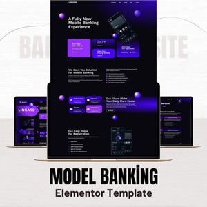 Puede incluir: Diseño web para una experiencia de banca móvil, con un tema oscuro y acentos morados y blancos. El diseño incluye una maqueta de teléfono inteligente, y el texto "A Fully New Mobile Banking Experience" se muestra de forma destacada. También es visible el texto "MODEL BANKING Elementor Template".