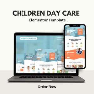 Puede incluir: Un portátil y un smartphone muestran una plantilla de sitio web para una guardería infantil. La pantalla del portátil muestra un sitio web con imágenes y texto, mientras que el teléfono muestra una versión móvil. El texto incluye "Children Day Care" y "Order Now."