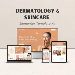 Puede incluir: Imagen de marketing digital que muestra un kit de plantillas de sitios web de dermatología y cuidado de la piel. La imagen muestra una computadora portátil, una tableta, un teléfono inteligente y un monitor de computadora, cada uno mostrando maquetas de sitios web con el texto "Care Your Skin, Care Your Beauty."