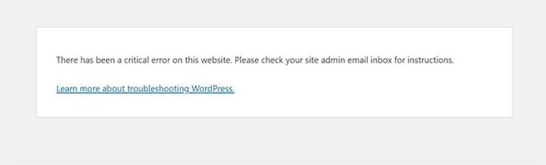 May include: A white rectangular box with text that reads: "There has been a critical error on this website. Please check your site admin email inbox for instructions." Below the text is a blue hyperlink that says "Learn more about troubleshooting WordPress."