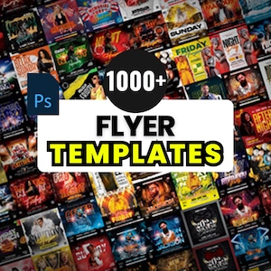 Op de afbeelding: Een verzameling kleurrijke flyer-sjablonen met diverse ontwerpen, waaronder evenementposters. De afbeelding toont een zwarte cirkel met de tekst "1000+" en een witte rechthoek met "FLYER TEMPLATES" in geel. Een blauw "Ps"-pictogram staat in de hoek.
