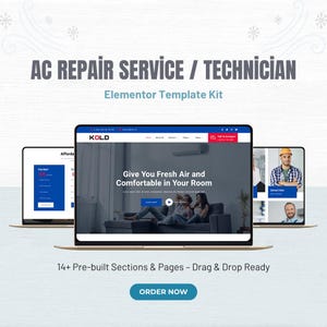 May include: An advertisement for AC repair services, featuring a website template on three laptops. The text reads "AC REPAIR SERVICE / TECHNICIAN" and "Elementor Template Kit". The website design includes the text "Give You Fresh Air and Comfortable in Your Room".