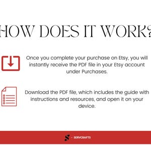 May include: White background with the text "HOW DOES IT WORK?" in black. Instructions explain how to receive a PDF file after purchase on Etsy. Includes a red download icon and a document icon.