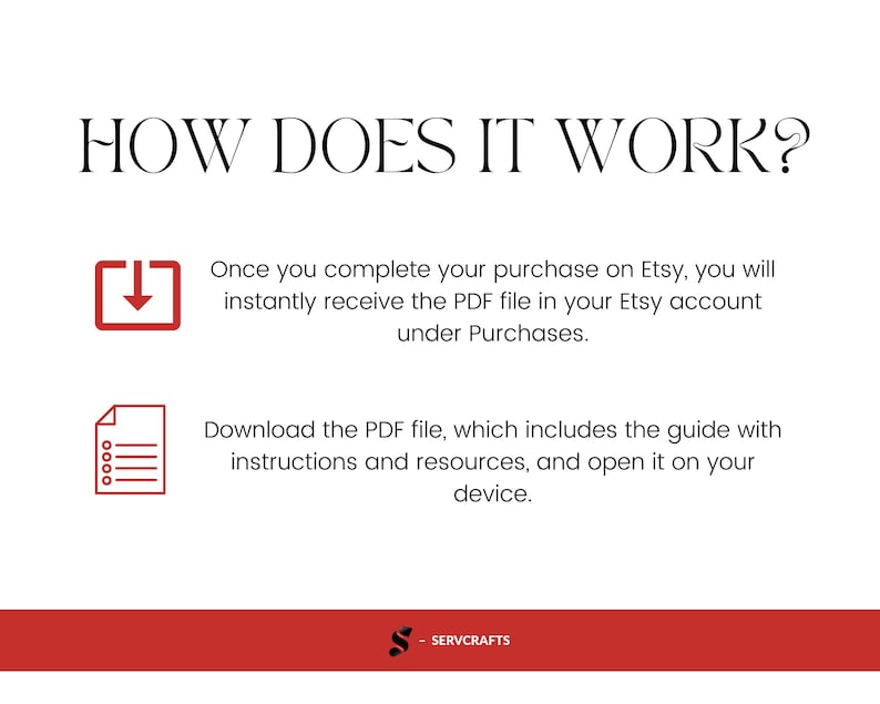 May include: White background with the text "HOW DOES IT WORK?" in black. Instructions explain how to receive a PDF file after purchase on Etsy. Includes a red download icon and a document icon.