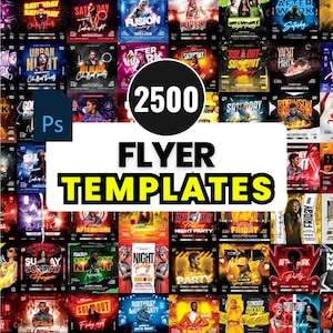 Puede incluir: Una colección de 2500 plantillas de flyers, con una variedad de diseños para fiestas y eventos. La imagen presenta una cuadrícula de flyers coloridos con textos como "Saturday", "Party" y "Night Party". El texto "FLYER TEMPLATES" es prominente.