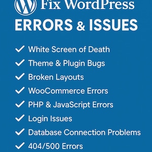 Op de afbeelding: Een blauwe afbeelding met het WordPress-logo en de tekst "Fix WordPress ERRORS & ISSUES". Hieronder staat een lijst met veelvoorkomende WordPress-problemen, waaronder "White Screen of Death" en "404/500 Errors".