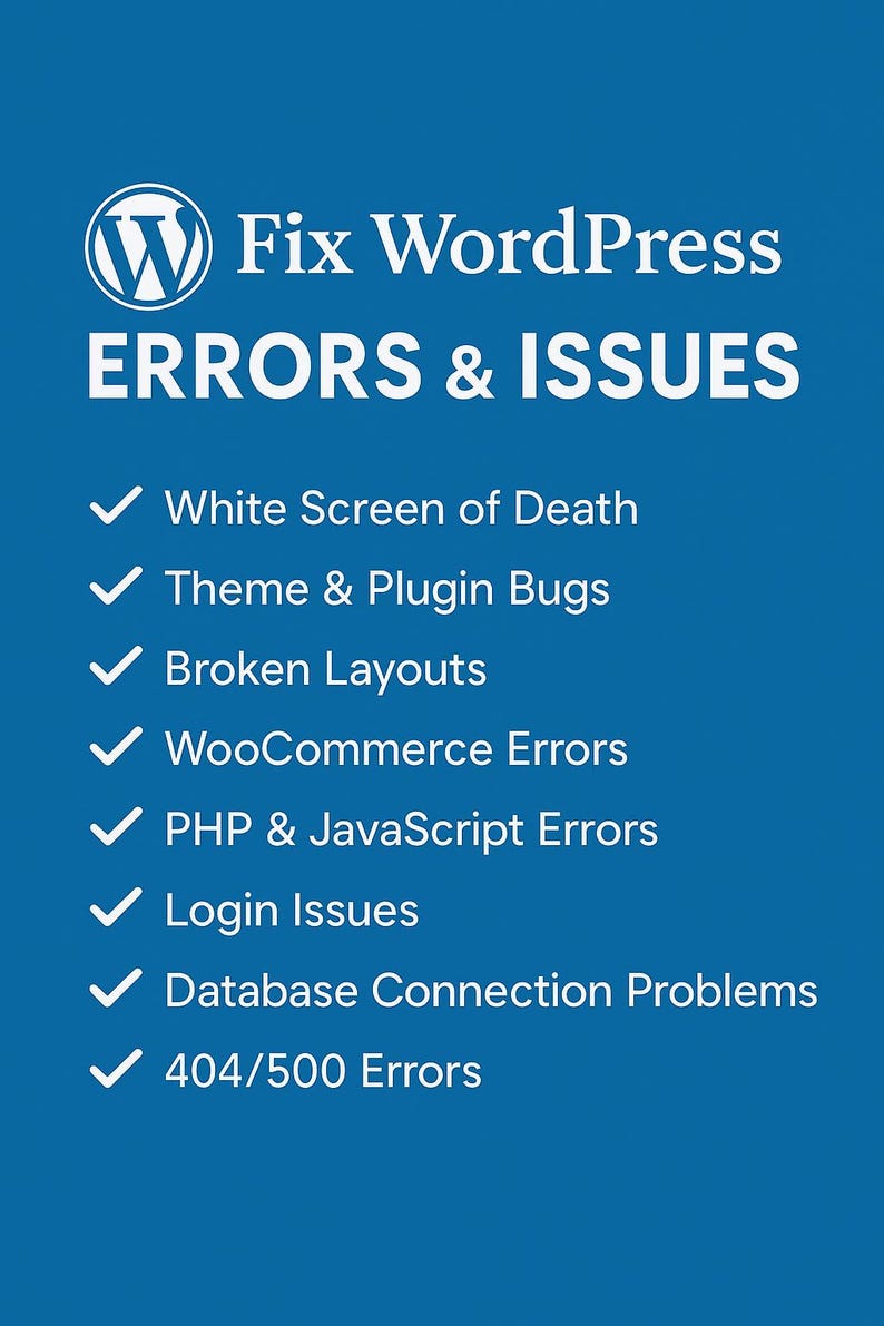 Op de afbeelding: Een blauwe afbeelding met het WordPress-logo en de tekst "Fix WordPress ERRORS & ISSUES". Hieronder staat een lijst met veelvoorkomende WordPress-problemen, waaronder "White Screen of Death" en "404/500 Errors".