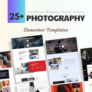 Könnte beinhalten: Werbebild für Fotografie-Dienstleistungen mit Website-Vorlagen. Das Bild zeigt den Text "25+ PHOTOGRAPHY" und "Elementor Templates". Mehrere Website-Mockups sind zu sehen, die verschiedene Inhalte und Design-Layouts rund um die Fotografie präsentieren.