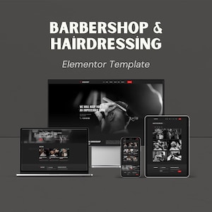 Könnte beinhalten: Ein digitales Mockup eines Website-Templates für einen Friseur- und Barbierbetrieb. Das Design wird auf einem Laptop, Tablet, Smartphone und Desktop-Computer angezeigt. Das Website-Design ist schwarz-weiß mit roten Akzenten. Der Text "Barbershop & Hairdressing" steht oben.