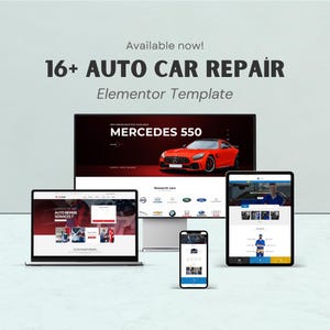 May include: A digital display of a website template for auto car repair services. The template is displayed on a laptop, desktop monitor, tablet, and smartphone. The website features a red Mercedes 550 car. Text on the image reads "Available now! 16+ AUTO CAR REPAIR Elementor Template".
