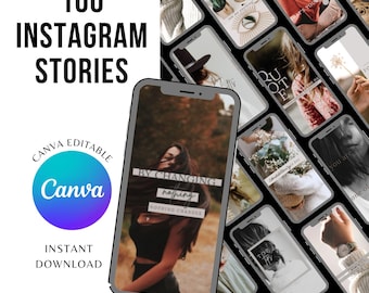 Könnte beinhalten: Ein digitales Produkt-Mockup mit einem Smartphone, das eine Instagram-Story-Vorlage mit dem Text "BY CHANGING nothing NOTHING CHANGES" anzeigt. Das Bild ist von anderen Telefon-Mockups umgeben. Die Wörter "100 INSTAGRAM STORIES" und "CANVA EDITABLE" sind ebenfalls sichtbar.