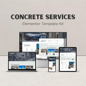 Puede incluir: Una maqueta digital que muestra una plantilla de sitio web para servicios de hormigón. El diseño se muestra en un portátil, un monitor de escritorio, una tableta y un smartphone. El texto "CONCRETE SERVICES" y "Elementor Template Kit" son visibles.