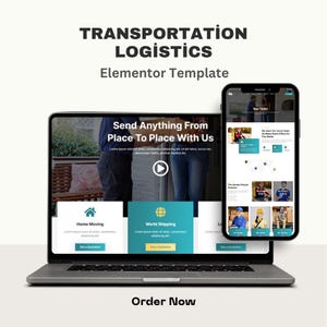 Puede incluir: Un portátil y un smartphone muestran una plantilla de sitio web para la logística del transporte. La pantalla del portátil muestra un sitio web con el texto "Send Anything From Place To Place With Us". El smartphone muestra una versión móvil del sitio web. Arriba está "TRANSPORTATION LOGISTICS".