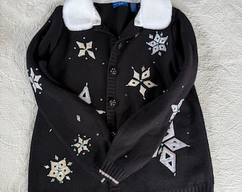 Vintage Karen Scott Ugly Christmas Snowflake Cardigan Sweater in Black