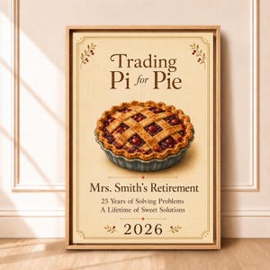 Könnte beinhalten: Ein gerahmtes, rechteckiges Wandbild auf cremefarbenem Hintergrund mit einer Illustration einer Kirschtorte mit Gitterkruste. Der Text lautet: Trading Pi for Pie, Mrs. Smith's Retirement, 25 Years of Solving Problems, A Lifetime of Sweet Solutions, 2026.