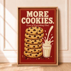 May include: A rectangular wall art print in a wooden frame featuring a deep red background with the text MORE COOKIES. (Less of Everything Else) in cream. A stack of six chocolate chip cookies sits next to a glass of milk with a splash.