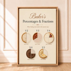 Puede incluir: Una lámina enmarcada titulada Baker's Percentages & Fractions, con ilustraciones de tartas divididas en fracciones. El texto dice: Baker's Percentages & Fractions, Where baking meets math in the sweetest way, con etiquetas para 1/2, 1/3, 1/4, 3/4 y 2/3.