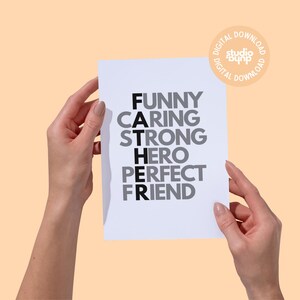 Vatertag Typografie Karte - Lustig fürsorglicher starker Held Perfekter Freund - Printable Vatertagskarte & Wandkunst