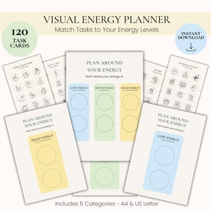Puede incluir: Un conjunto de planificador de energía visual con 120 tarjetas de tareas y hojas de planificación. Las hojas incluyen secciones de Low Energy, Medium Energy y High Energy con cajas de colores y espacios circulares. Texto: Plan Around Your Energy.