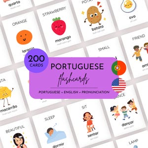Puede incluir: Un conjunto de 200 tarjetas educativas para aprender portugués e inglés, con coloridas ilustraciones de dibujos animados de objetos, comida y acciones, junto con el vocabulario correspondiente y guías de pronunciación fonética en cada tarjeta.