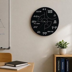 Könnte beinhalten: Eine runde schwarze Wanduhr mit weißen mathematischen Gleichungen und Ausdrücken anstelle von Standardzahlen. Das Zifferblatt enthält den Text Mrs. Sophia sowie verschiedene Berechnungen wie Quadratwurzeln und Brüche um die Mitte.