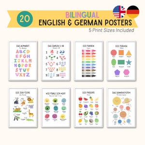 Puede incluir: Un conjunto de 20 pósteres educativos bilingües en inglés y alemán con ilustraciones coloridas del alfabeto, números del 1 al 10, colores, formas, animales, emociones, frutas y el sistema solar, con etiquetas en ambos idiomas.