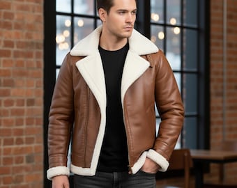 Chaqueta de piel de oveja para hombre, abrigo de aviador marrón auténtico, chaqueta de vuelo de piel de oveja de invierno hecha a mano, cálida chaqueta estilo bombardero B3 vintage, regalo para él.