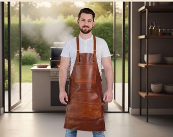 Delantal de barbacoa/cocina de cuero marrón de grano completo hecho a mano/delantal resistente para herrero, chef, parrilla y herramientas de taller/regalo para él o papá