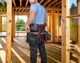 Cinturón de herramientas de cuero de grano completo personalizado, cinturón de trabajo de piel de vaca con múltiples bolsillos para carpinteros, electricistas, manitas y construcción, color granate/regalo para él