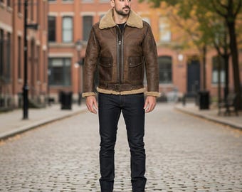 Chaqueta bomber vintage de cuero marrón para hombre, de piel de vaca auténtica, A2, estilo aviador, con cuello de piel de oveja, prenda clásica de invierno para volar, regalo para él.