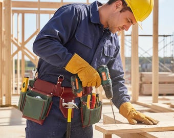 Cinturón de herramientas profesional de cuero - Multibolsillos, resistente, para carpintero y electricista, con soporte para martillo, hecho a mano, marrón y verde