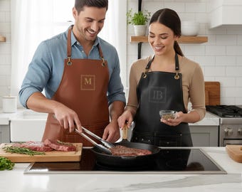Delantal de cocina de cuero con espalda cruzada personalizado para mujer y hombre. Regalo para él.