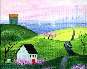 Little Hilly Getaway Giclée Archival Print - Paper or Canvas - Spring Folk Art scenic drive over hills to waterfront cityscape Various Sizes