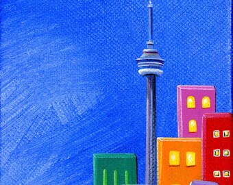 Original Painting Little Sail Away by Brianna - 12x4 - Spring Summer folk art cityscape waterfront sailboats CN Tower - OOAK Acrylic Canvas