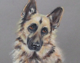 German Shepherd Limited Edition Giclée Archival Print - Acrylic Paint and Pastel Pet Portrait of a Beautiful Dog on Gray Background