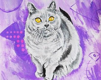 Original Grey Cat Painting - Illustration 10x9 on Textured Watercolor Paper, Unframed, Pet Portrait, Kitten, Pen, Ink, Acrylic Paint, Purple